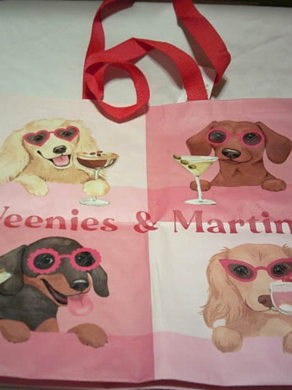 NEW XL REUSABLE TOTE SHOPPING BAG 2 WIDE HANDLES WEENIES & MARTINIS 👩 PINK RED